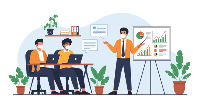 Business meeting in a modern office where colleagues wear face masks and discuss financial growth charts on a white presentation board.