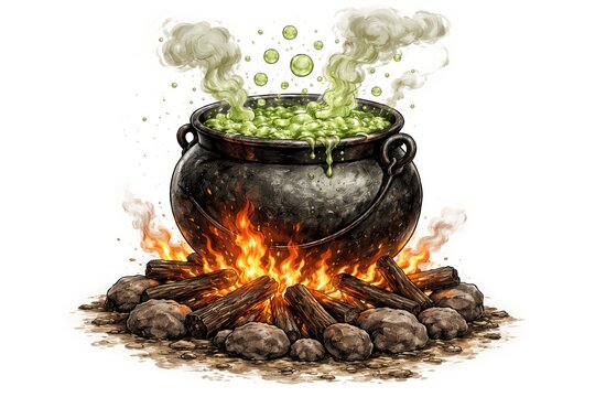Hand drawn Halloween potion pot bubbling over a crackling bonfire on a stark white backdrop
