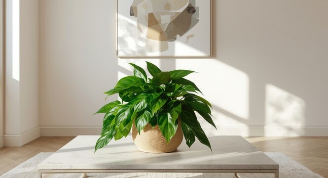 Vivid neon tropical epipremnum in basket planter placed on a living room table