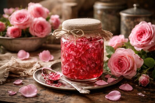 Homemade Rose Petal Jam Jar Surrounded by Fresh Blooms and Rustic Decor