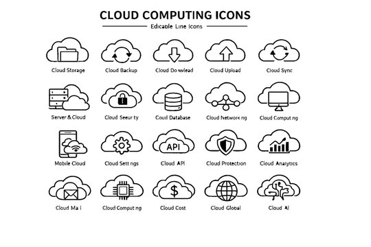 Cloud Computing Line Icons Set Data Storage Network Security Server Vector Outline Collection