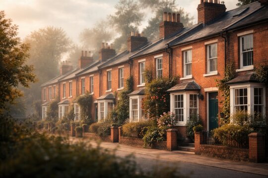 Charming terraced houses with chimney smoke creating a cozy atmosphere and ample copy space