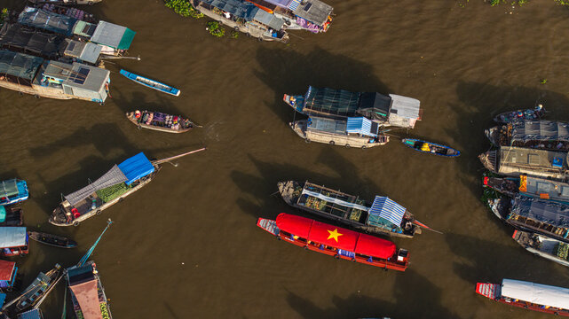 Cai Rang Floating Market Aerial View in Can Tho Vietnam