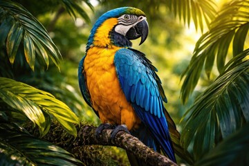 Obraz premium Colorful blue and yellow macaw perched among tropical leaves