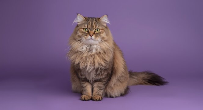 Fluffy long haired cat posing happily in studio with purple backdrop