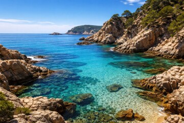 Fototapeta premium Scenic coastal landscape featuring clear blue sea and rugged rocky formations