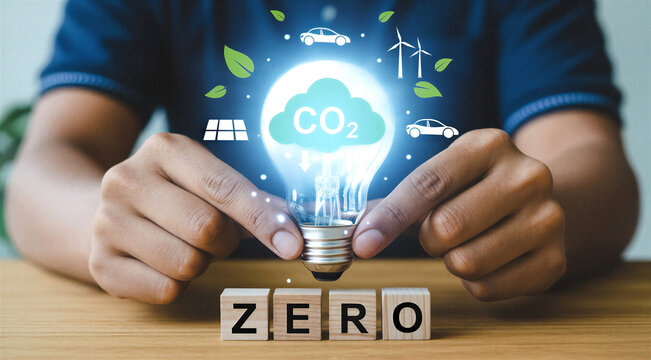 Hands holding light bulb with zero carbon emission concept elements