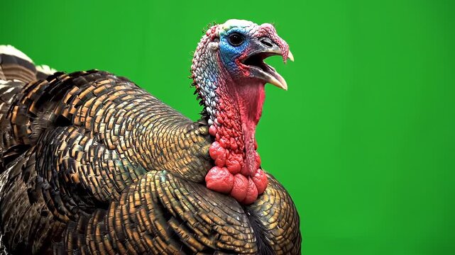 Adult Male Wild Turkey Goble Portrait on Green Screen
