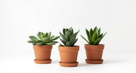 Obraz premium White backdrop showcasing a trio of pachyphytum oviferum plants in classic clay pots with mixed views