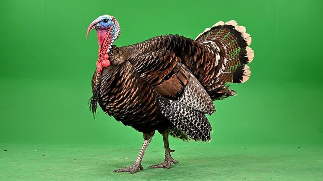 Turkey goble male tom bird with fanned tail on green background