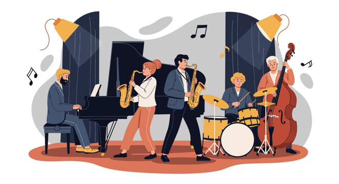 Jazz band performs on stage with piano, saxophone, trumpet, drums, and bass in nightclub