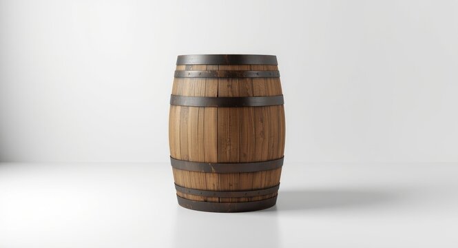 Classic aged wood barrel positioned on matte white floor with gentle lighting