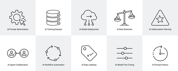 Naklejka premium ai prompt optimization and machine learning workflow line icons set vector
