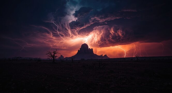 Thunderous sky filled with vivid lightning over a foreboding hellscape and dark silhouettes