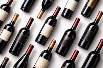 Obraz premium Top view of diverse red wine bottles arranged on a white background for commercial design