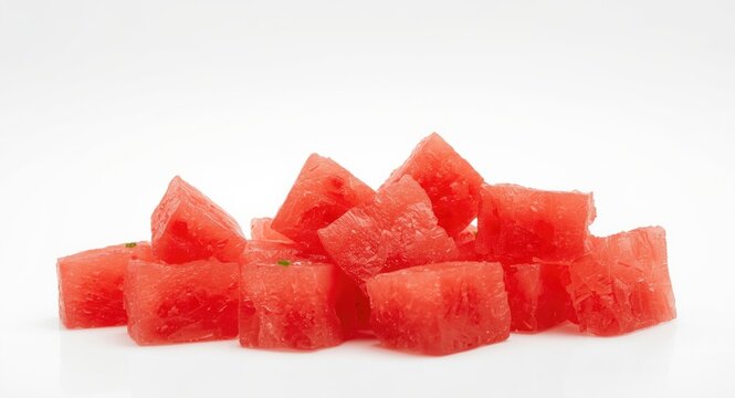 Vividly sharp watermelon cubes isolated against a neutral white background
