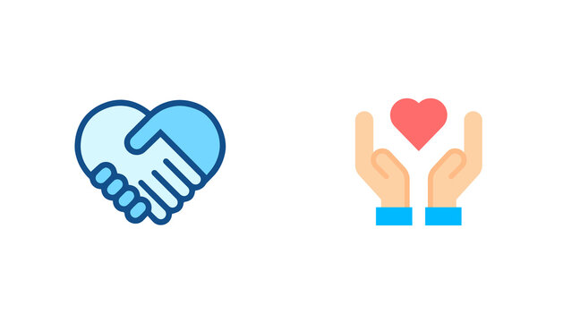 A graphic illustration of two hands holding a heart and a handshake forming a heart on a white background with a colorful and symbolic design