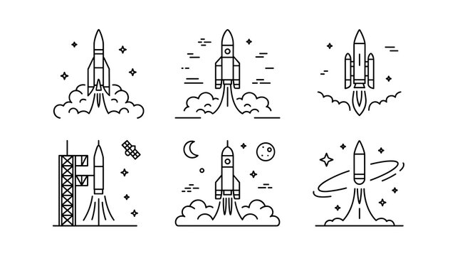 Rocket Launch Line Icon Set Spacecraft, Blast Off, and Startup Growth Symbols