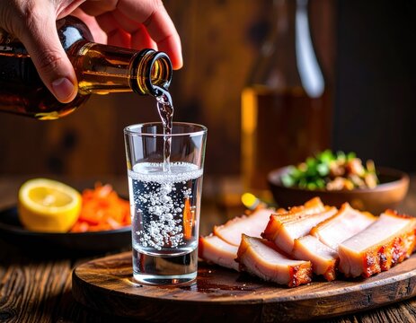 Person pou clear carbonated soda into a glass with chopped bacon and fresh vegetables on a wooden serving board in a cozy kitchen setting
