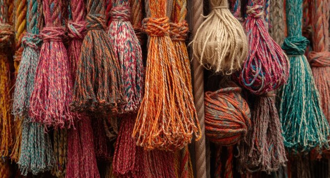Close up detailed view of assorted colorful ropes including ribbons and wool balls with intricate patterns