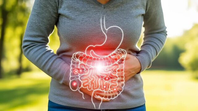 Woman experiencing abdominal pain, indicating intestinal disease, digestive system inflammation, gut health issues, medical diagnosis concept, human body discomfort