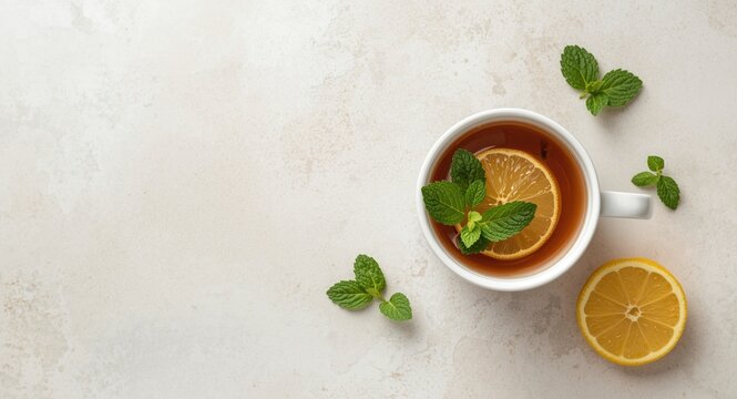 Top view of white cup holding healthy ginger tea with lemon slice and mint leaves on an unadorned background with copy space