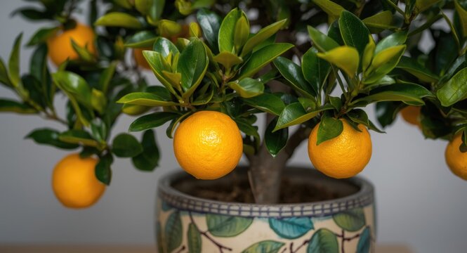 Unripe fruit bearing hybrid citrus tree inside an orange decorative plant pot