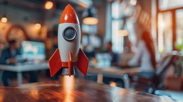 Startup concept. Space rocket from the office desk next to young entrepreneurs, business team