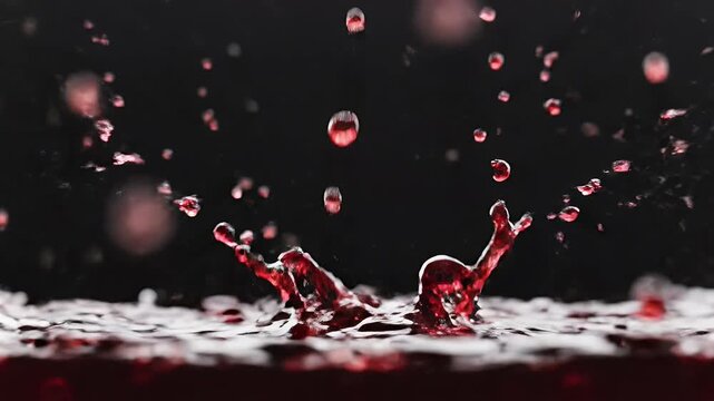 Red liquid splashes and droplets suspended against a dark background