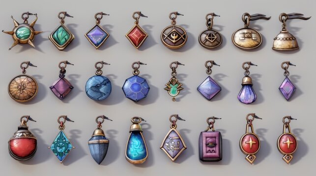 3D game asset, a set of fantasy magic amulets.