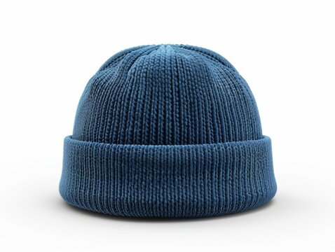A plain blue knit beanie hat showcased in a front view, set against a clean white backdrop.