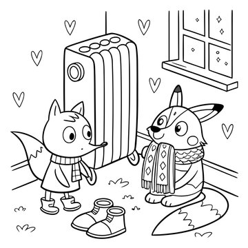 Snow Day Clothes Drying Scene coloring page