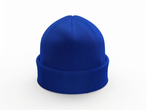 A plain blue knit beanie hat showcased in a front view, set against a clean white backdrop.