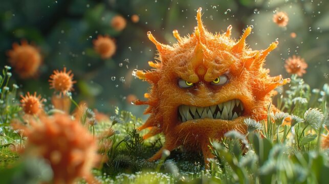 Cartoon caricature bacteria, angry, aggressive on blurred macro background