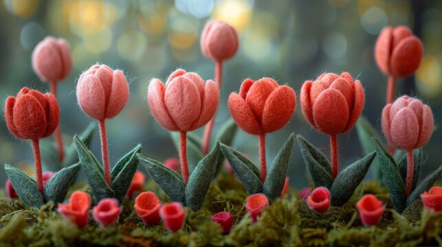 A close-up view of delicate woolen tulips showcasing a red to pink gradient against a soft blue background.