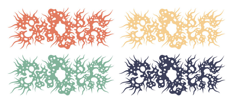 Death metal logo style vector set, y2k aesthetic organic shapes, brutalist streetwear graphic elements in four colors for apparel design