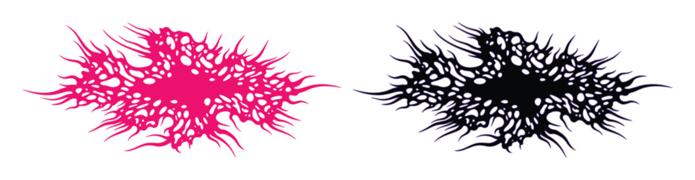 Y2K aesthetic cybercore splash shapes, pink and black organic liquid splatter vectors, abstract grunge ink blot elements for streetwear design