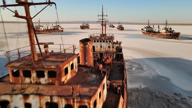Aerial drone footage of rusted ship graveyard in dry aral sea basin with sweeping pan