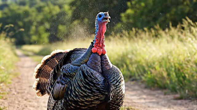 Wild turkey goble strutting with fanned tail feathers on trail