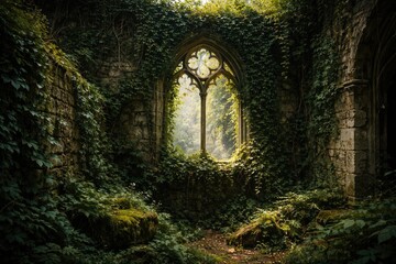 Obraz premium Lush ivy envelops ancient stone ruins with a mysterious overgrown window