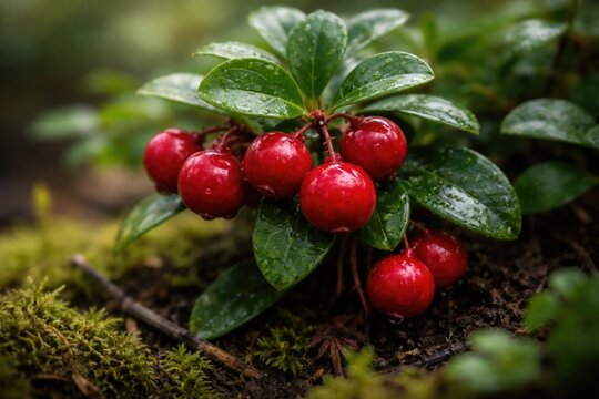 Closeup view of Gaultheria Procumbens plant with red berries in natural habitat