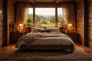 Fototapeta premium Front view of a wooden bedroom interior featuring a bed and window with a rural landscape view carpet and parquet flooring