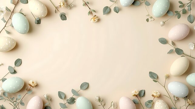 Easter themed background with pastel eggs and eucalyptus