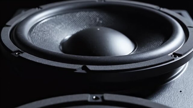 Close-up of a dark, textured speaker cone with a rounded center against a black background
