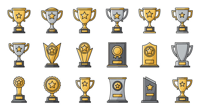 Large set of different trophy and award icons including gold silver and bronze cups plaques and medals for achievement.
