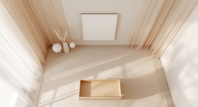 Top angle view of serene living room featuring empty wooden drawer space and calming minimalist artwork with tulle and beige wall design