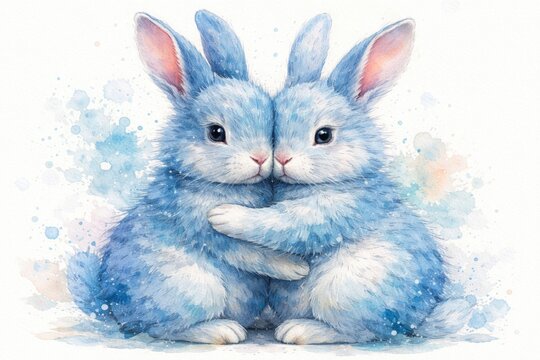 Two charming blue rabbits embracing in a watercolor painting with a white backdrop