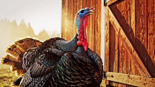 Large Tom Turkey Goble Sound Near Rustic Wooden Barn