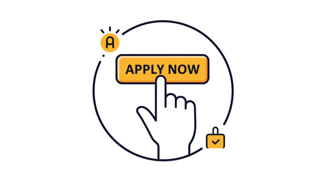 Hand clicking an apply now button inside a circular frame with additional symbols for recruitment and job applications.
