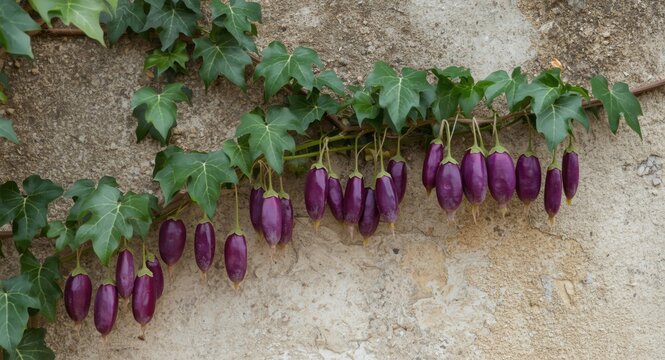 Fruiting Akebia quinata vine with purple pods on a textured wall